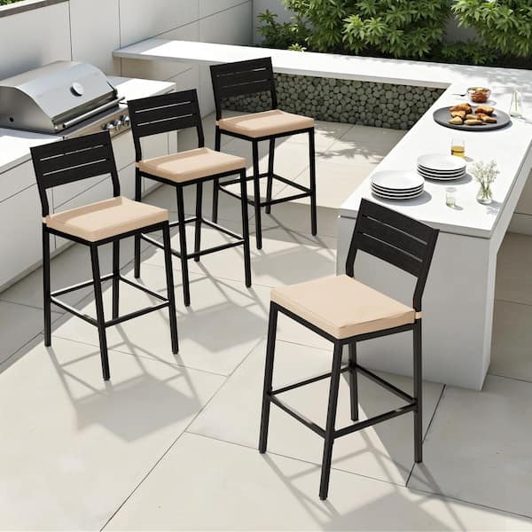 Patio Metal Outdoor Bar Stool with Beige Cushions (Set of 4)