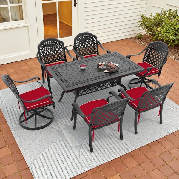 Willit Isabella 7-Piece Cast Aluminum Outdoor Dining Set with Rectangular Table and Swivel Dining Chairs with Red Cushion