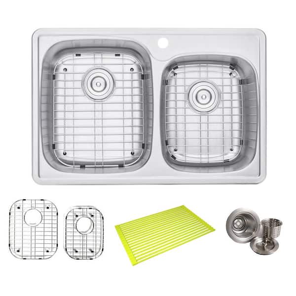 Topmount Drop In Stainless Steel 33 in. x 22 in. x 9 in. Deep 1 Faucet Hole Double Bowl 60/40 Kitchen Sink Combo