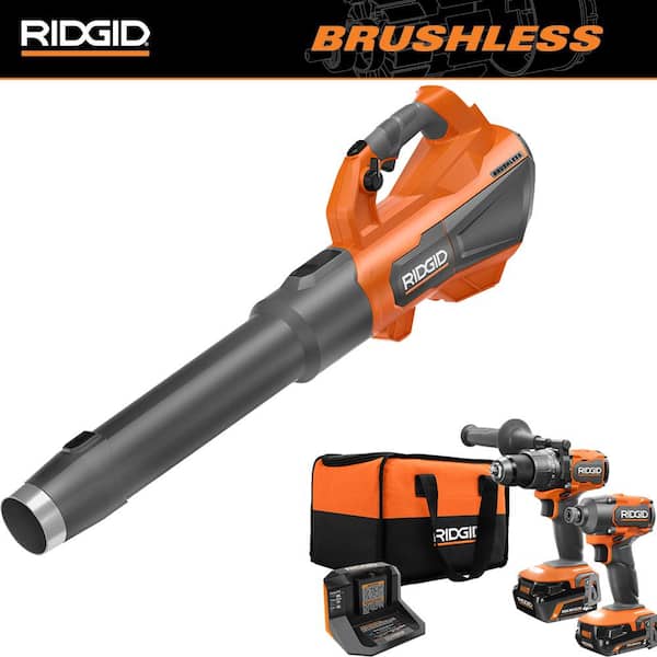 RIDGID 18V Brushless Cordless 510 CFM 110 MPH Blower with 2-Tool Combo Kit, (2) Batteries and Charger