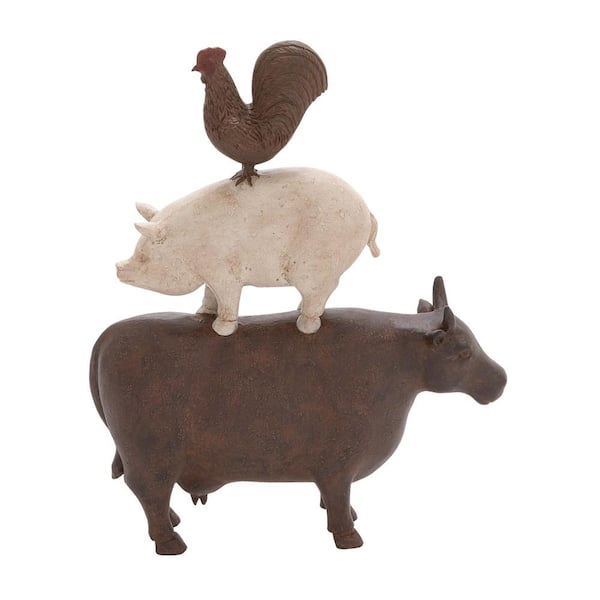 Litton Lane 3 in. x 14 in. Brown Polystone Stacked Farm Animals Sculpture