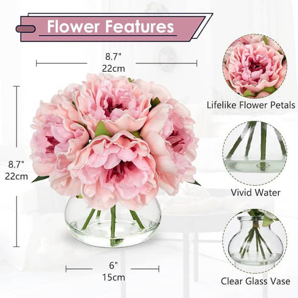 8.7 in. Peony Light Pink Indoor Artificial Peony in Glass Vase