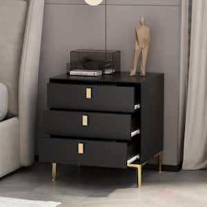 3-Drawer Black Nightstands Side End Table With Gold Metal Legs For Living Room, Bedroom