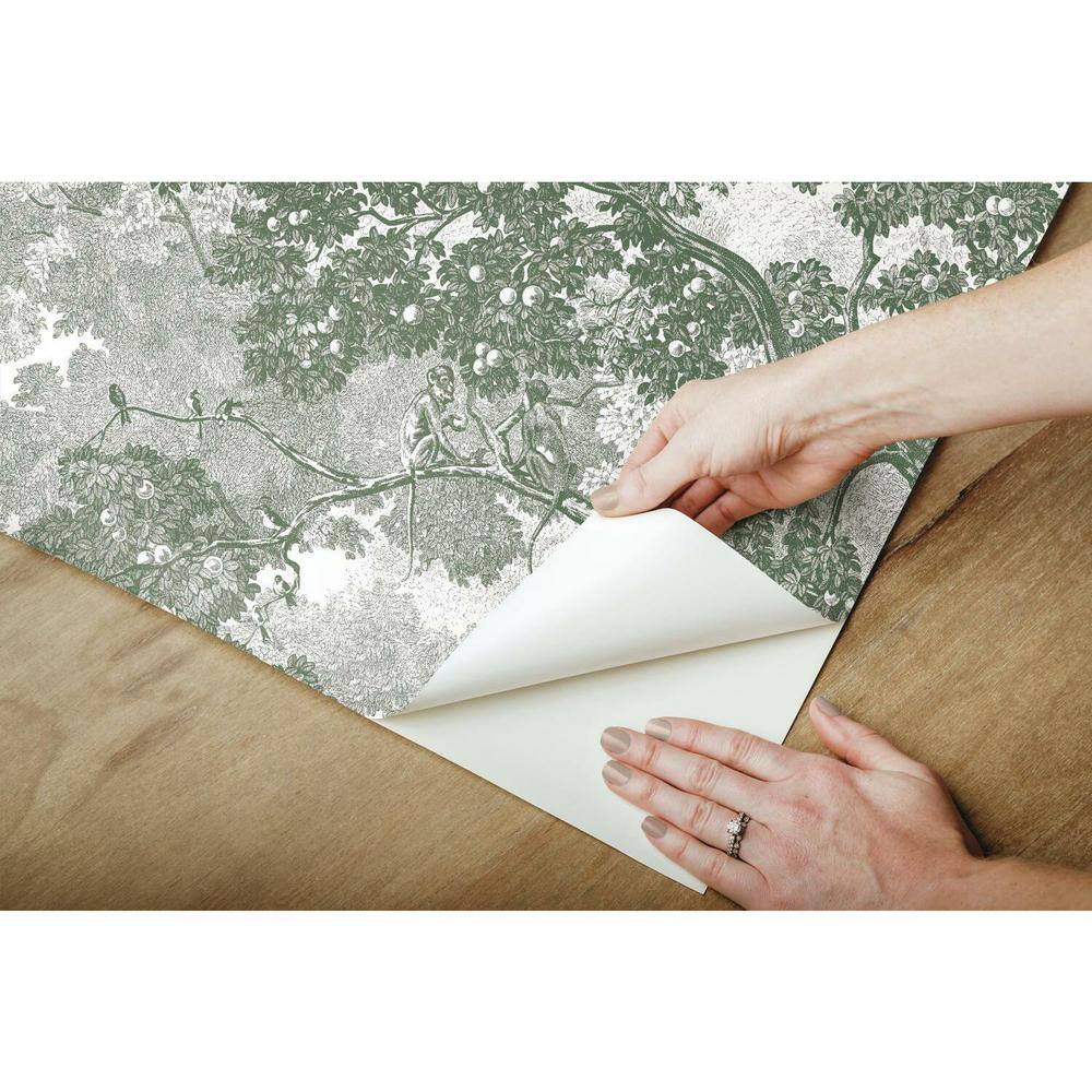 Green and Gray Jungle Toile Peel and Stick Wallpaper Roll