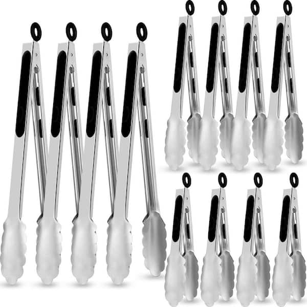 12-Pack Black Stainless Steel Kitchen Cooking Tongs High Heat Resistant Non Stick Locking Grill Salad Clips