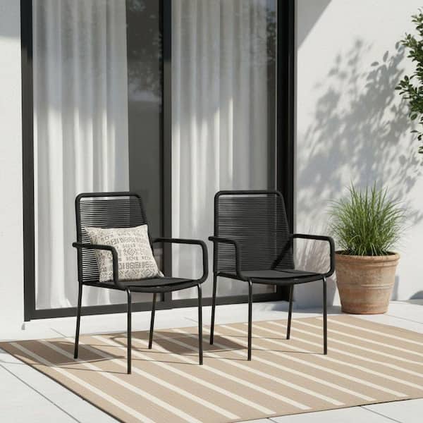 Palaio Stackable Rope Woven Outdoor Dining Chair in Black (Set of 2)