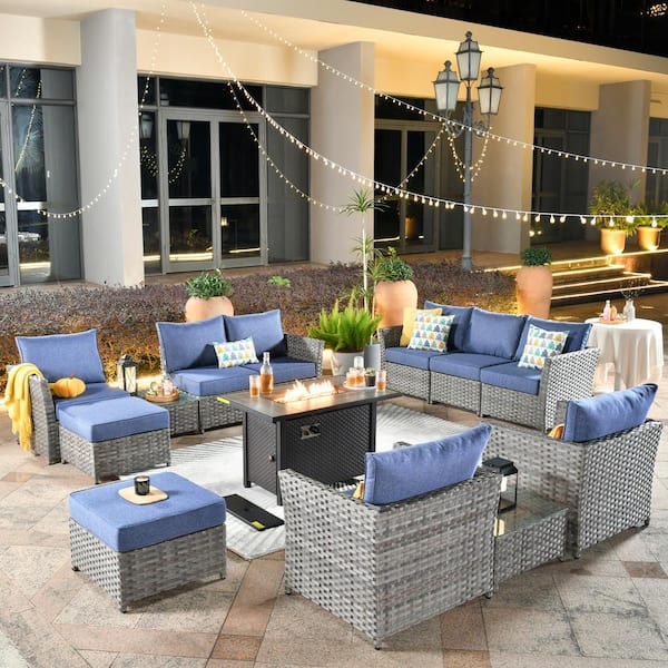 weaxty W Prosperine Gray 13-Piece Wicker Outerdoor Patio Rectangular Fire Pit Sectional Seating Set with Denim Blue Cushions