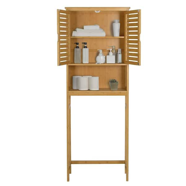 VEIKOUS 24 in. W x 66.9 in. H x 9 in. D Natural Bamboo Over-the-Toilet Storage with Adjustable Shelf in Yellow