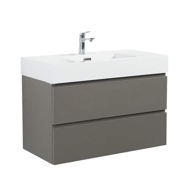 36 in. Single Sink Floating Gray Bath Vanity with White Ceramic Top (Assembled), Handle-Free