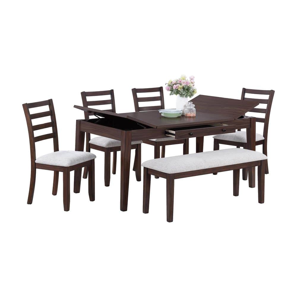Ivory 6-Piece Wood Top Dining Set with Walnut Upholstered Dining Chairs, Walnut Dining Table, Bench, Seats 6