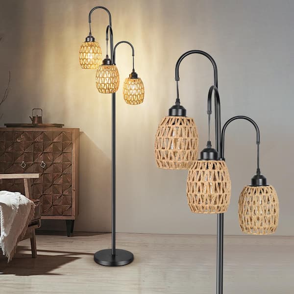 69 in. Black Dimmable Tree Floor Lamp with 3 Arc Hanging Rattan LampShade and Efficient Energy LED