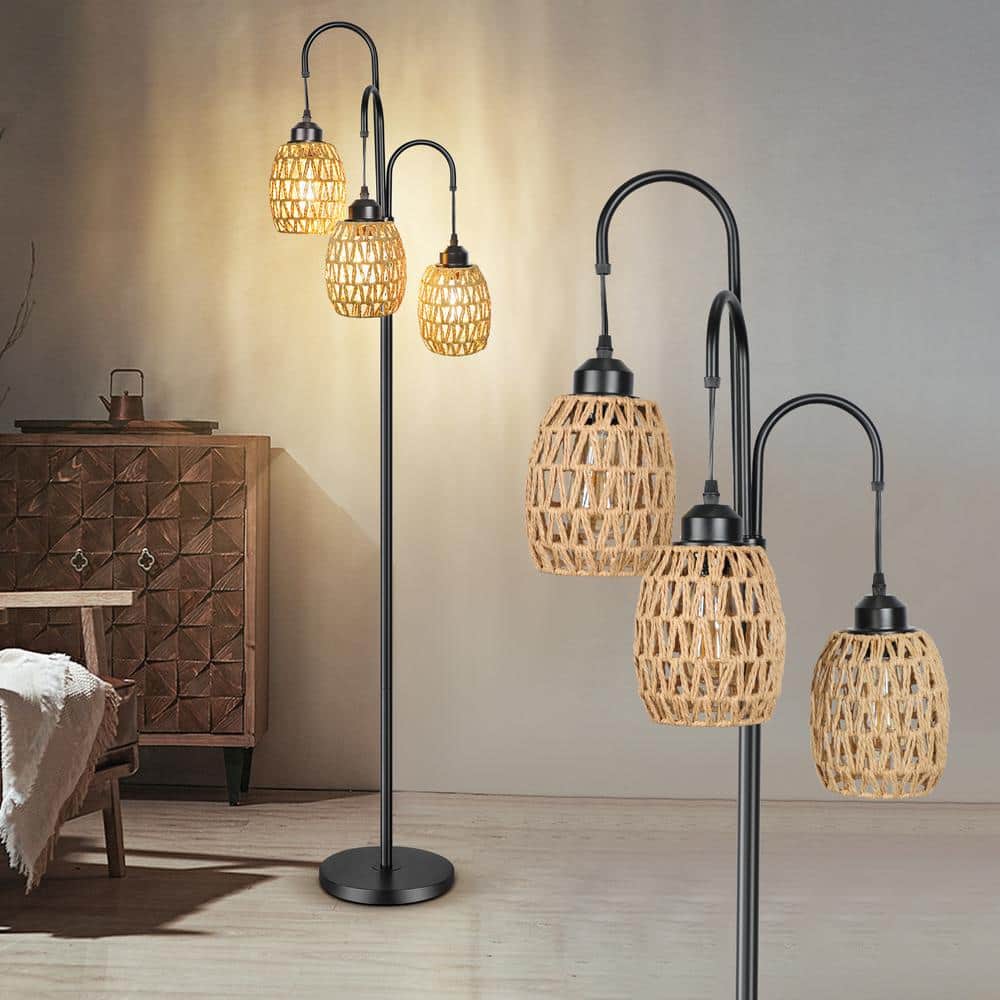Black Metal Arc Floor Lamp with Rattan Shades