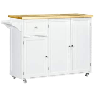 White Rolling Kitchen Island on Wheels, Utility Serving Cart with Rubber Wood Top, Towel Rack, Cabinets and Drawer