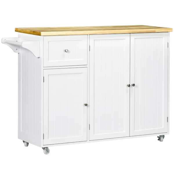 HOMCOM White Rolling Kitchen Island on Wheels, Utility Serving Cart with Rubber Wood Top, Towel Rack, Cabinets and Drawer