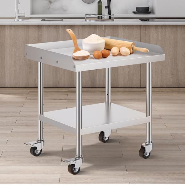 Stainless Steel Work Table, 24 x 28 x 30 In. Silver Commercial Food Prep Worktable with 4 Wheels, Casters, 3-Sided