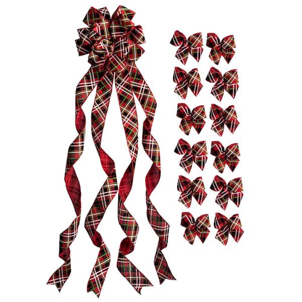 NEW TRADITIONS SIMPLIFY YOUR HOLIDAY 53 in. Classic Red Plaid Bow Christmas Tree Topper with 12 Matching Mini Bows