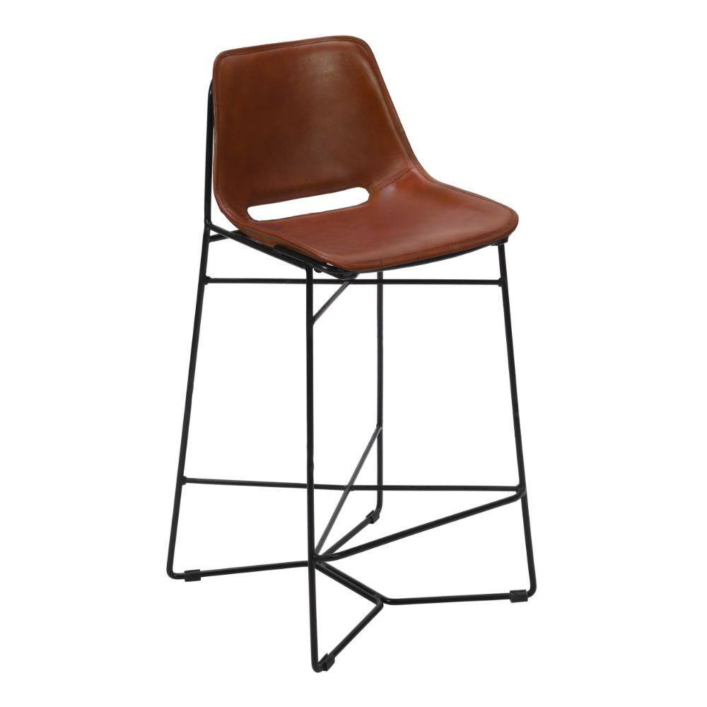 THE URBAN PORT 39 in. Tan Brown and Black Metal Frame Bar Stool with Curved Genuine Leather Seat