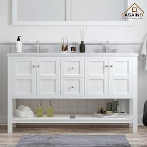 60 in. W x 22 in. D x 35.4 in. H Double Sink Solid Wood Bath Vanity in White with White Natural Marble Top and Mirror