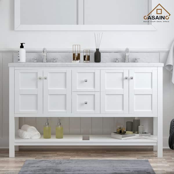 CASAINC 60 in. W x 22 in. D x 35.4 in. H Double Sink Solid Wood Bath Vanity in White with White Natural Marble Top and Mirror