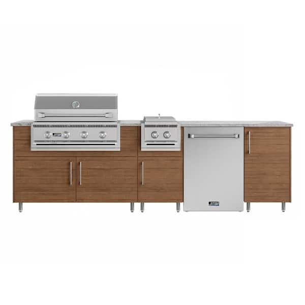Nightfall 126 in. W 4-Burner Propane Grill Island in Miami Teak Brown with Fridge, Side Burner, and Cabinet
