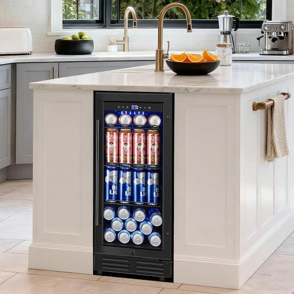 14.96 in. Single Zone 160-Can Built in Beverage Refrigerator in Black with Reversible Door Hinge and Auto Blue Lighting