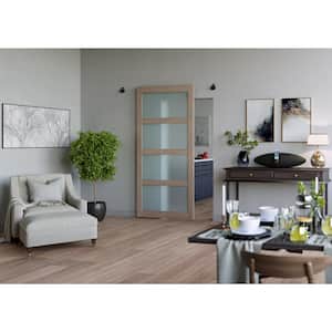 42 in. x 88 in. 4 Lite Frosted Glass Ashen White Finished MDF Glim Extra Tall Barn Door Slab