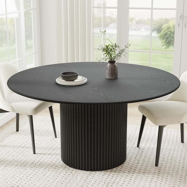 Cylindrical Black Colored Wood 60 in. Column Base Raw Edge Dining Table for 8