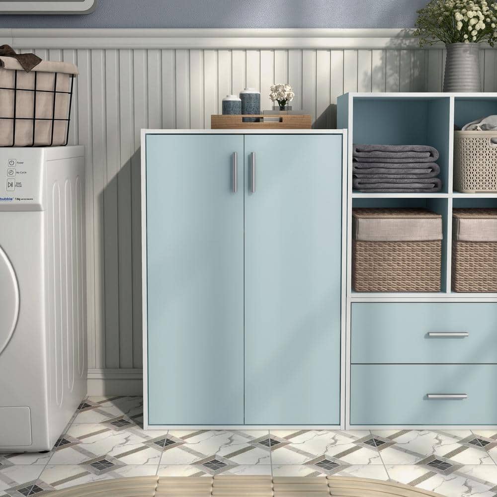 Light Blue Stackable Wood Kids Cabinet with Doors