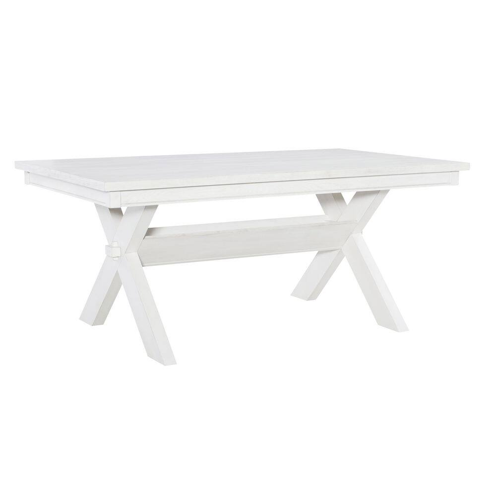 Three-quarter view of the smokey white dining table