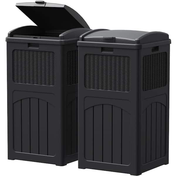 33 Gal. Outdoor Plastic Trash Can, Set of 2 Waterproof Deck Box, Black