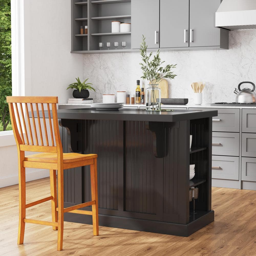 Nantucket 48" Distressed Black Wood Kitchen Island with Granite Top