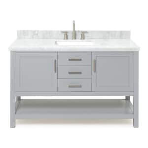 Bay hill 55 in. W x 22 in. D x 36 in. H Bath Vanity in Grey with Carrara White Marble Top