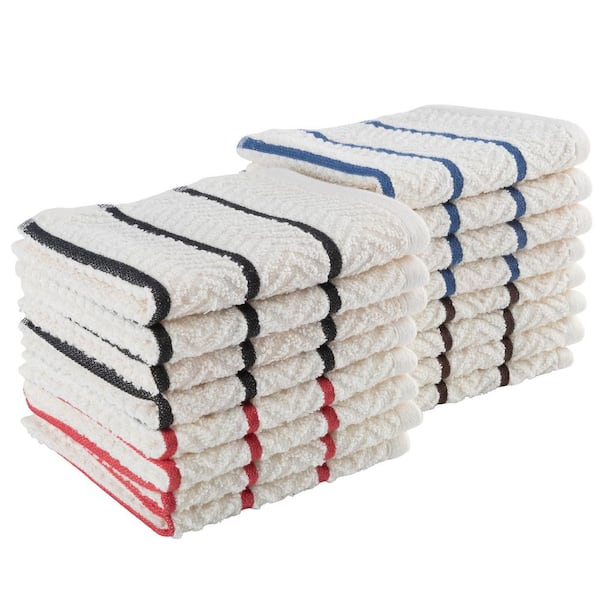 Cotton 12 x 12 Dish Cloths 16 Pack - for Washing Dishes, Scrubbing, and Drying - Solid White with Multicolor Stripes