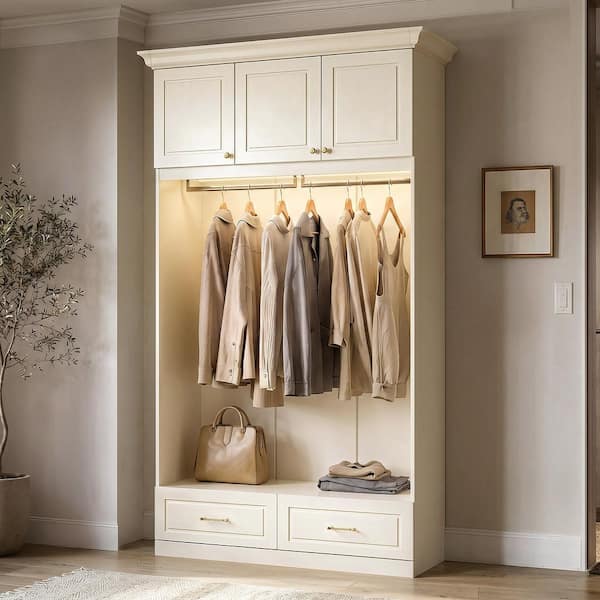 Cream Wood 58.6 in. Armoire with Hanging Rod, 2-Drawers, 3-Top Cabinets, Remote Controlled LED Lighting