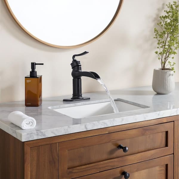 Single Handle Single Hole Mid-Arc Waterfall Bathroom Sink Faucet with Deckplate Pop-Up Drain in Matte Black