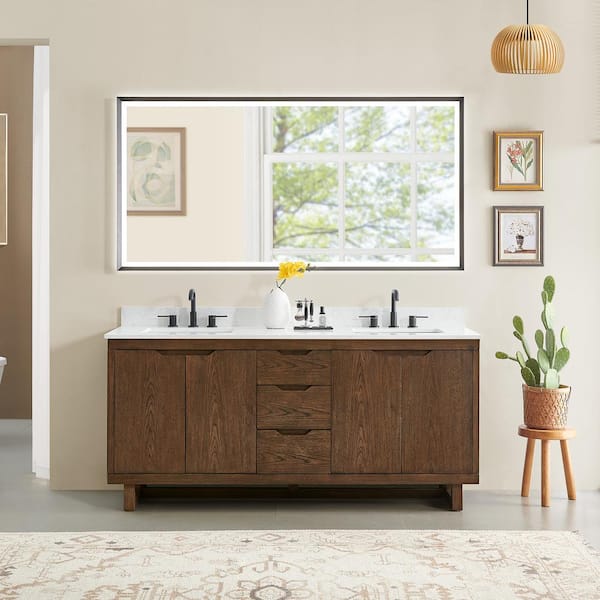 Altair Mowry 72 in. Double Freestanding Brown Brushed Oak Bath Vanity with Grain White Engineered Stone Top Assembled, Mirror