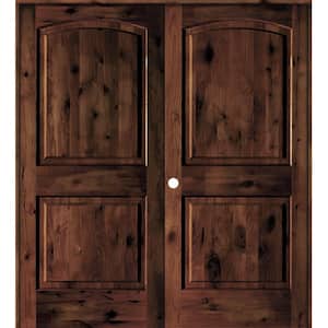 64 in. x 80 in. Knotty Alder 2-Panel Right-Handed Red Mahogany Stain Wood Double Prehung Interior Door
