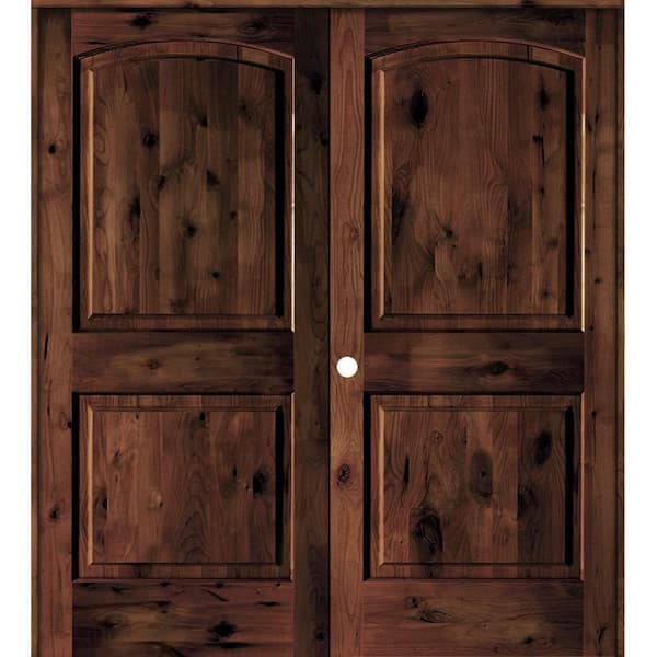 Krosswood Doors 60 in. x 80 in. Rustic Knotty Alder 2-Panel Right Handed Red Mahogany Stain Wood Double Prehung Interior Door w/Arch Top