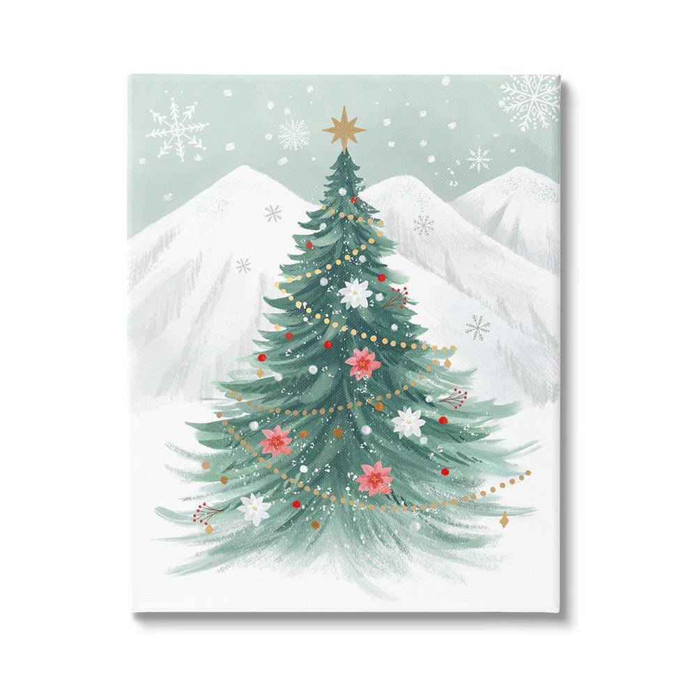 Festive Green Christmas Tree Canvas Art with Snowy Mountains - 16 x 20