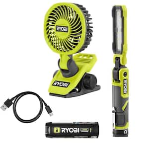 RYOBI USB Lithium Cordless 550 Lumens Rechargeable Inspection Flashlight Kit with Cordless Clamp Fan