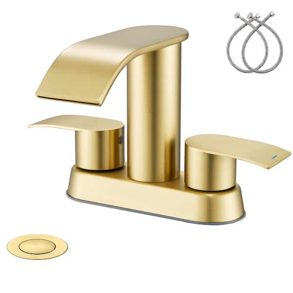 GAGALIFE 4 in. Centerset Double-Handle Waterfall Spout Bathroom Vessel Sink Faucet with Pop Up Drain Kit in Brushed Gold