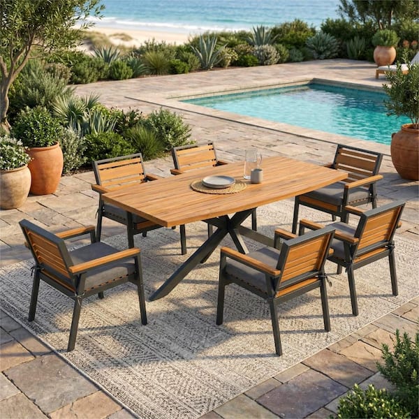 Gray 7-Piece Acacia Wood Outdoor Dining Set with Iron Frame, Rectangular Table and 6-Chairs with Removable Cushions, for