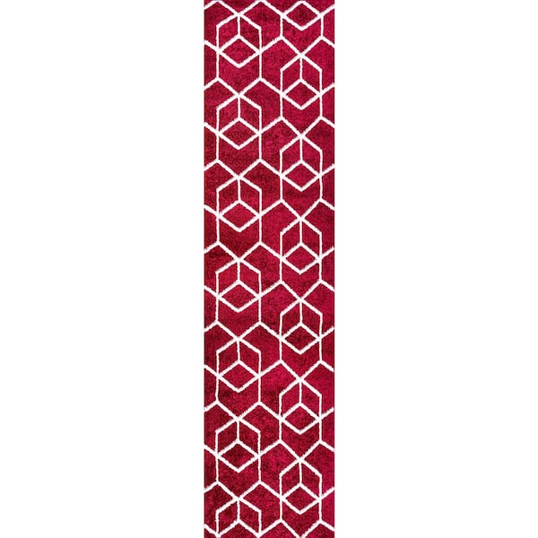Tumbling Blocks Modern Geometric Red/White 2 ft. x 8 ft. Area Rug