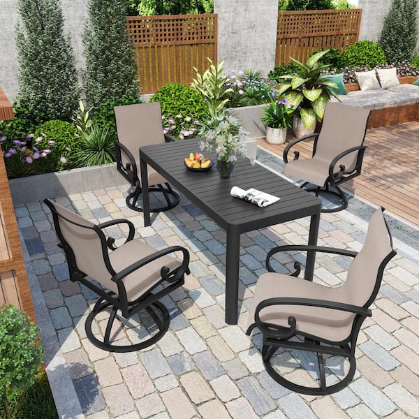High-end 5-Piece Aluminum Expandable Outdoor Dining Set with Sunbrella Textilene Swivel Chairs in Augustine Ashe