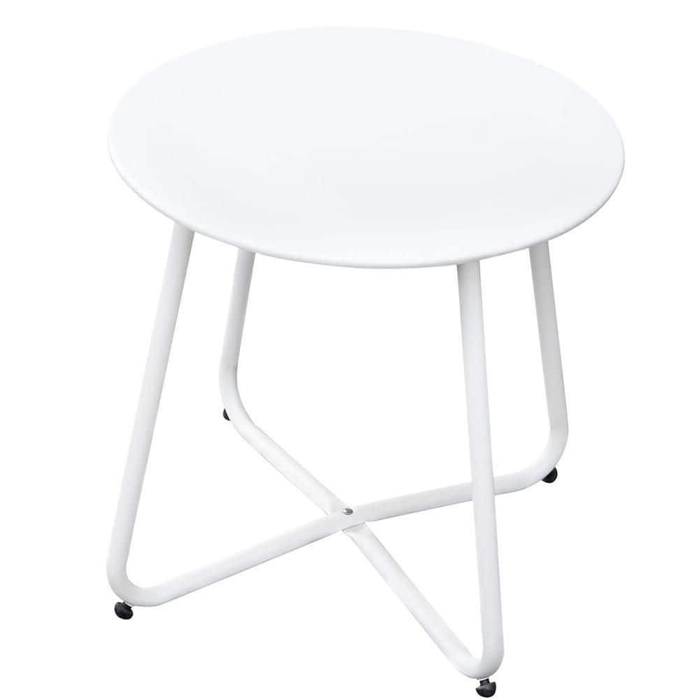 White 18 in. Powder Coated Steel Round Side Table Outdoor Dining Table with