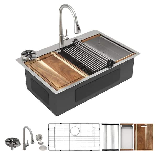 33 in. All-in-one Drop-In Ledge Workstation Kitchen Sink Combo, 16-Gauge 304 Stainless Steel Single Bowl with Faucet