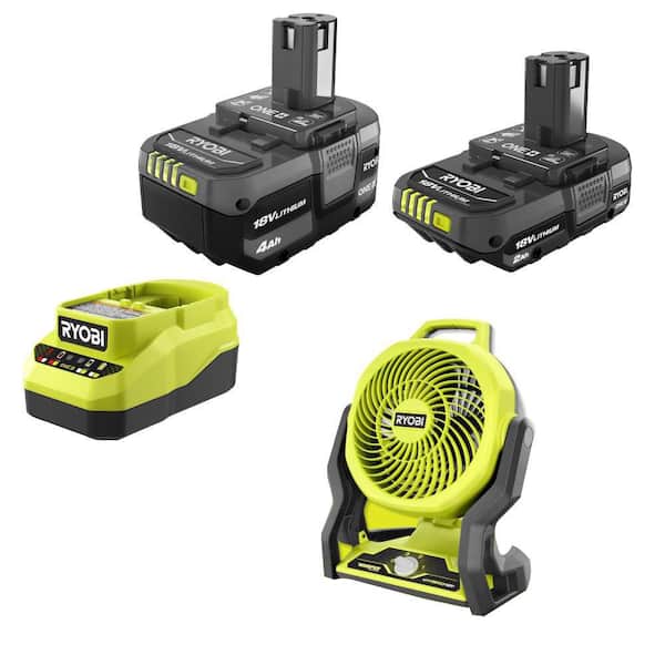 ONE+ 18V Lithium-Ion 4.0 Ah Battery, 2.0 Ah Battery, and Charger Kit with ONE+ Hybrid WHISPER SERIES 7-1/2 in. Fan
