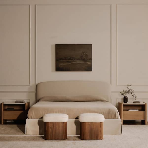 Clarisse Stool, Lift-Top Storage, Walnut Veneer Base, Flecked Oatmeal Upholstery, Walnut
