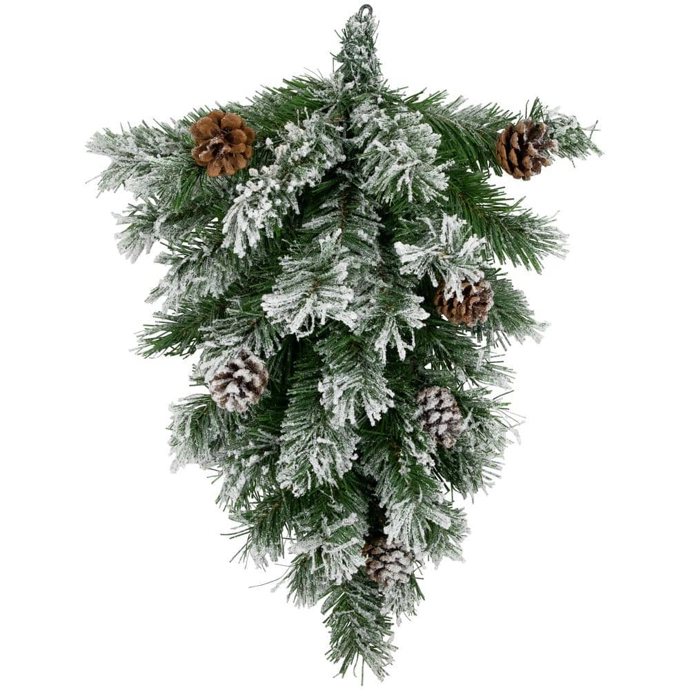 Northlight 22 in. Snowy Flocked Angel Pine with Pine Cones Unlit Artificial Christmas Swag Teardrop