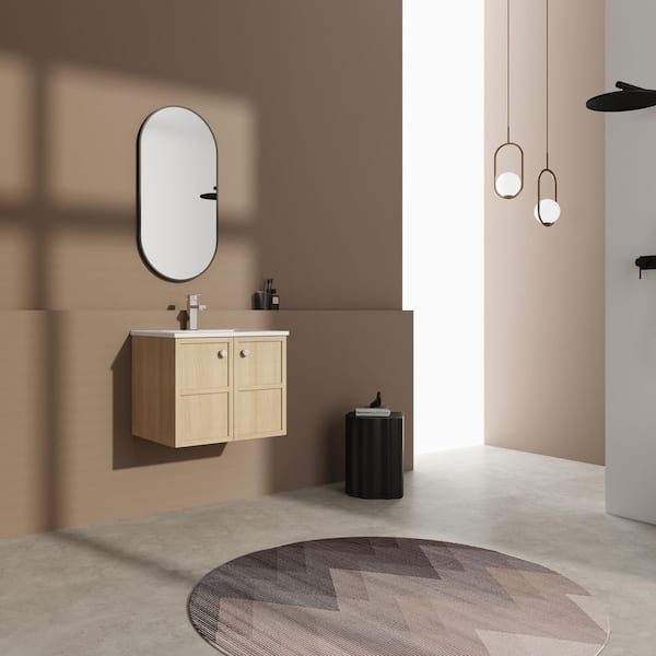 Gavino 24 in. W x 18.13 in. D Single Sink Floating Original Oak Bath Vanity with White Ceramic Top Unassembled